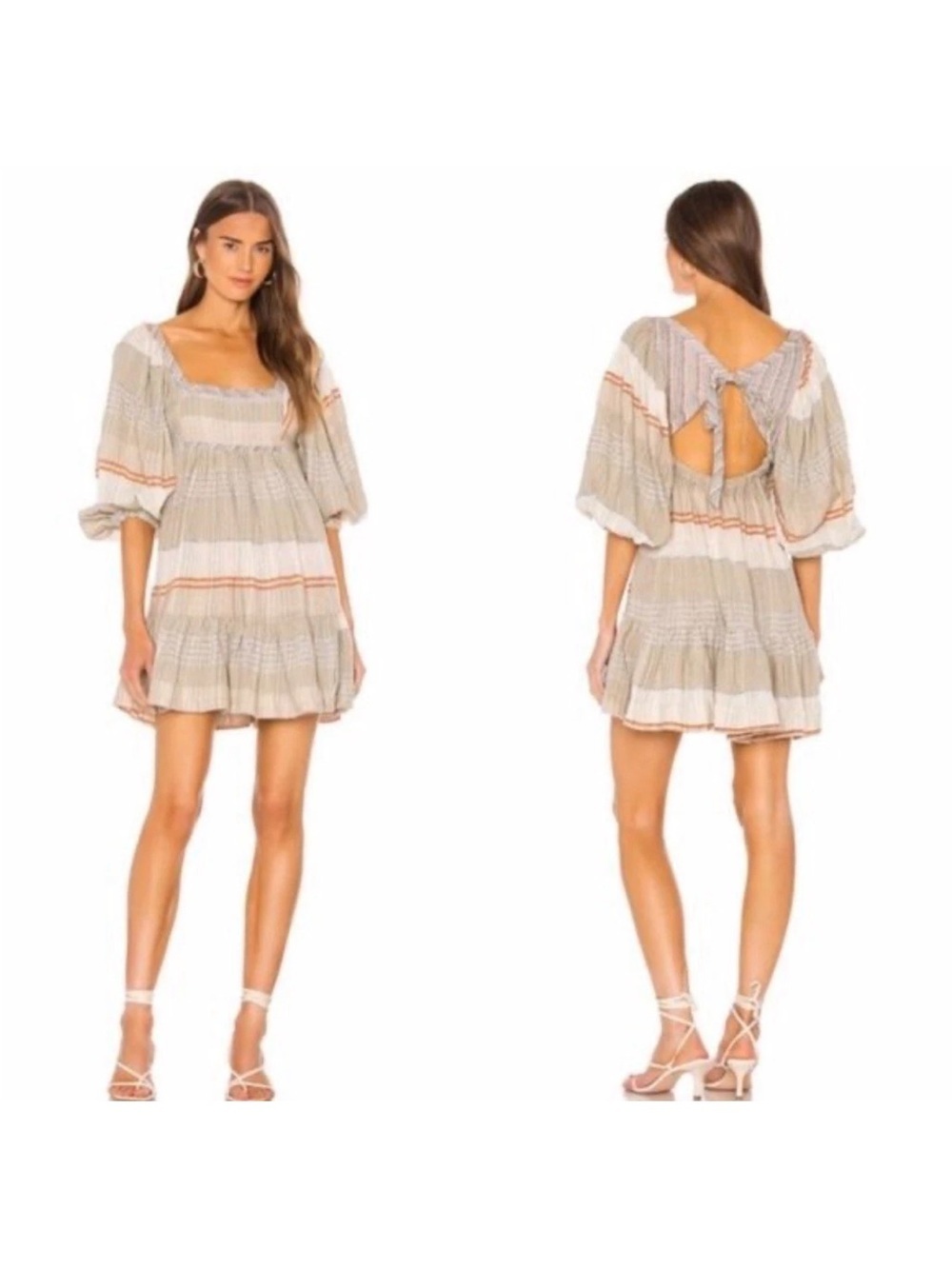 Free People Striped Open-Back Puff Sleeve Mini Dress in Beige, White and Rusted